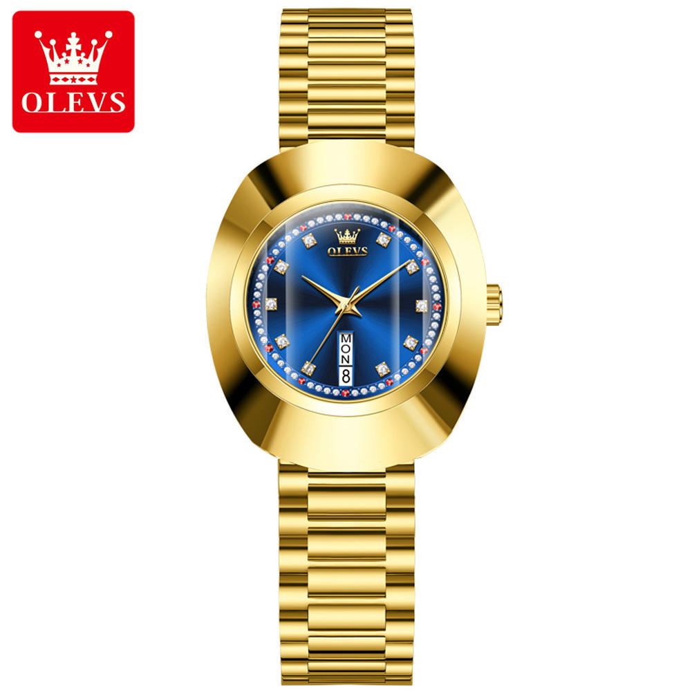OLEVS 7017 Luxury Men’s Quartz Watch | Gold Stainless Steel Band | Imported Quartz Movement | Blue Dial Luminous Diamond Watch | Premium Business Watch for Men