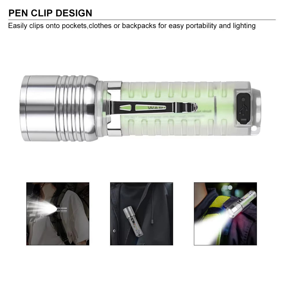 Long Range 30W LED White Zoom Transparent Fluorescent Flashlight With Clip Magnet Light Tactical Bright Outdoor Torch