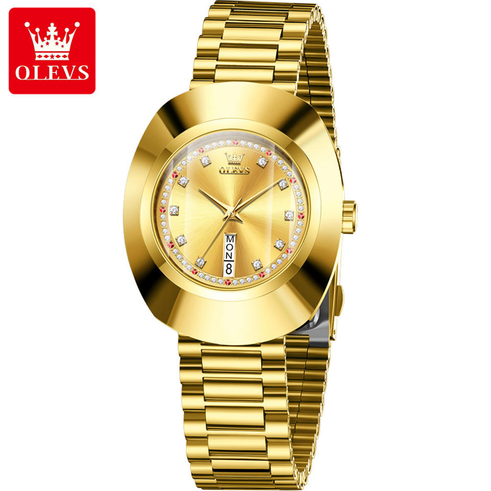 OLEVS 7017 Luxury Men’s Quartz Watch | Gold Stainless Steel Band | Imported Quartz Movement | Blue Dial Luminous Diamond Watch | Premium Business Watch for Men