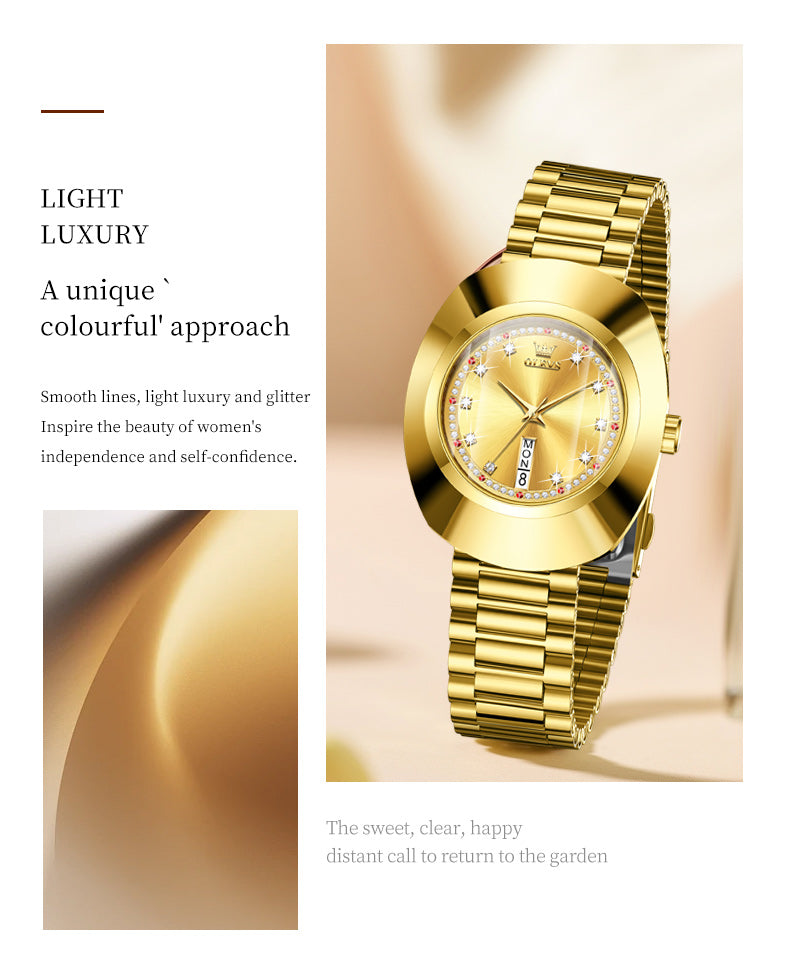 OLEVS 7017 Luxury Men’s Quartz Watch | Gold Stainless Steel Band | Imported Quartz Movement | Blue Dial Luminous Diamond Watch | Premium Business Watch for Men