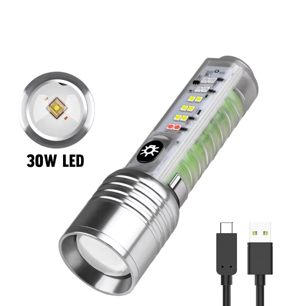 Long Range 30W LED White Zoom Transparent Fluorescent Flashlight With Clip Magnet Light Tactical Bright Outdoor Torch