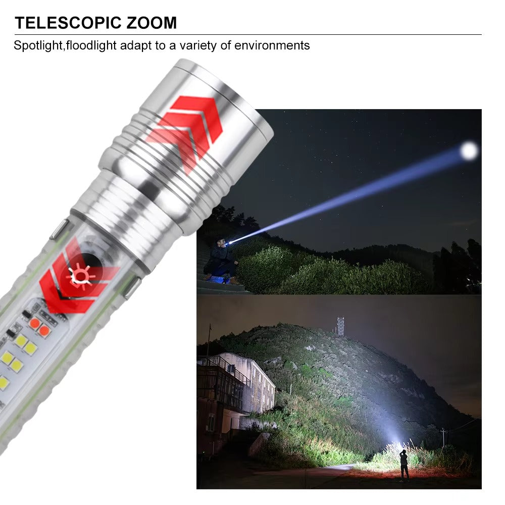 Long Range 30W LED White Zoom Transparent Fluorescent Flashlight With Clip Magnet Light Tactical Bright Outdoor Torch